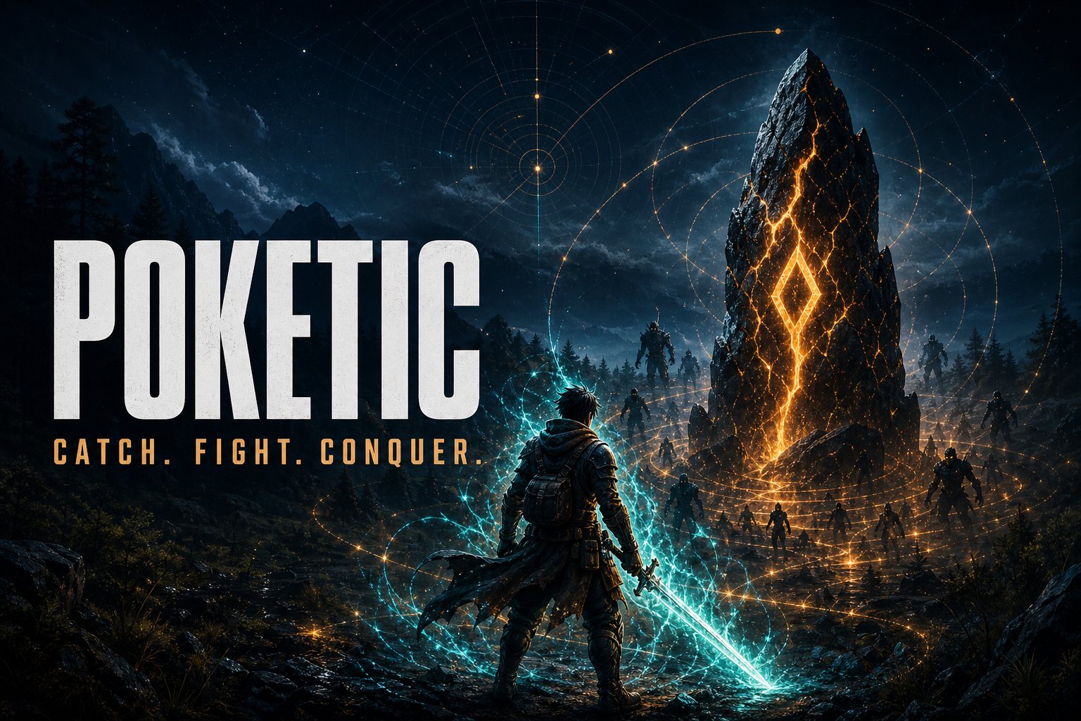 A warrior surrounded by a bright aura facing a glowing Metin Stone in Poketic